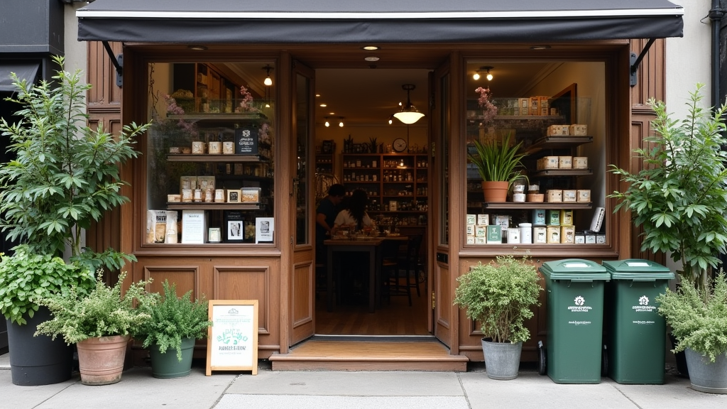 A small business storefront with greenery and a recycled-materials pop-up setup