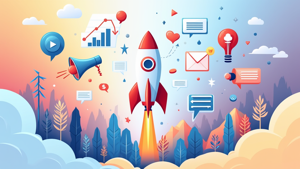 An illustrated startup adventure with digital marketing icons like a rocket, charts, email envelopes, and megaphones on a colorful background.