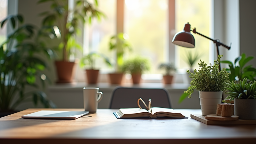 An office desk setup with a notebook, a potted plant, and a coffee cup, symbolizing employee well-being and retention.
