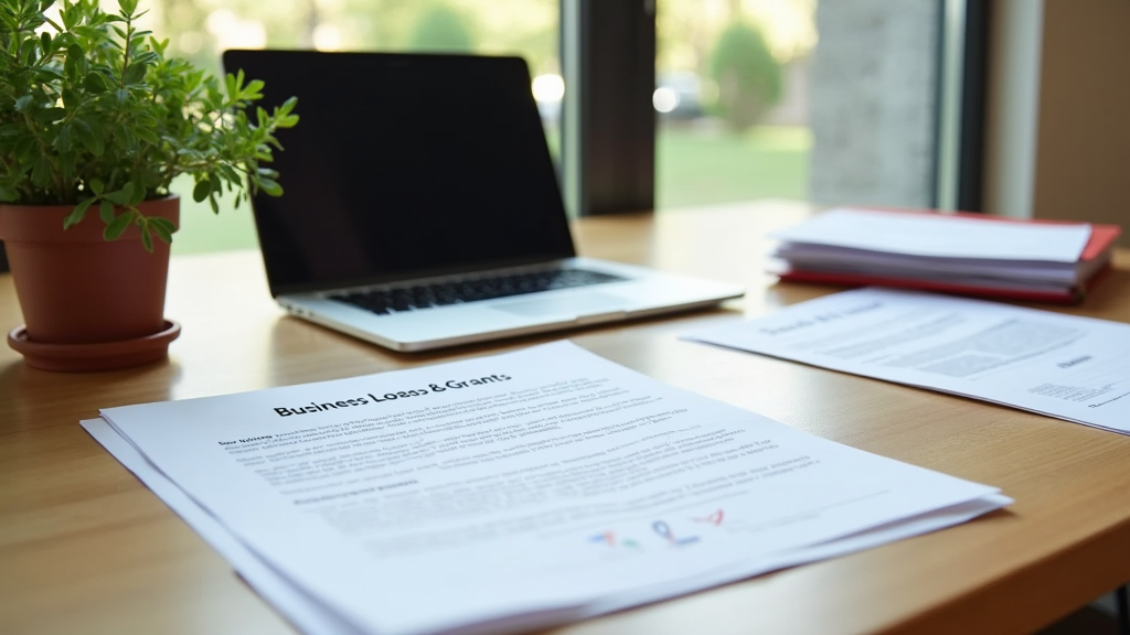 Small business owner reading loan and grant documents on a clean desk, with a laptop, folders, and a potted plant nearby. Natural lighting, cozy workspace.