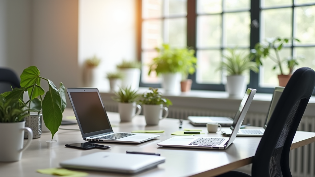 Small business team working together at a desk with laptops, notebooks, and coffee cups