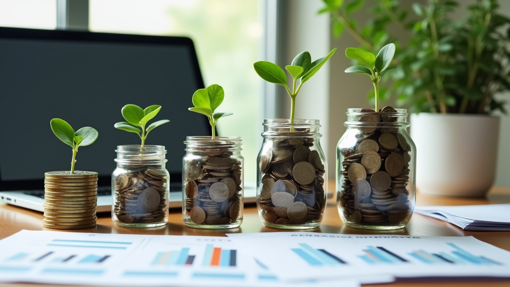 Start-up funding concept: stacks of coins, sprouting plants, business charts, and a laptop