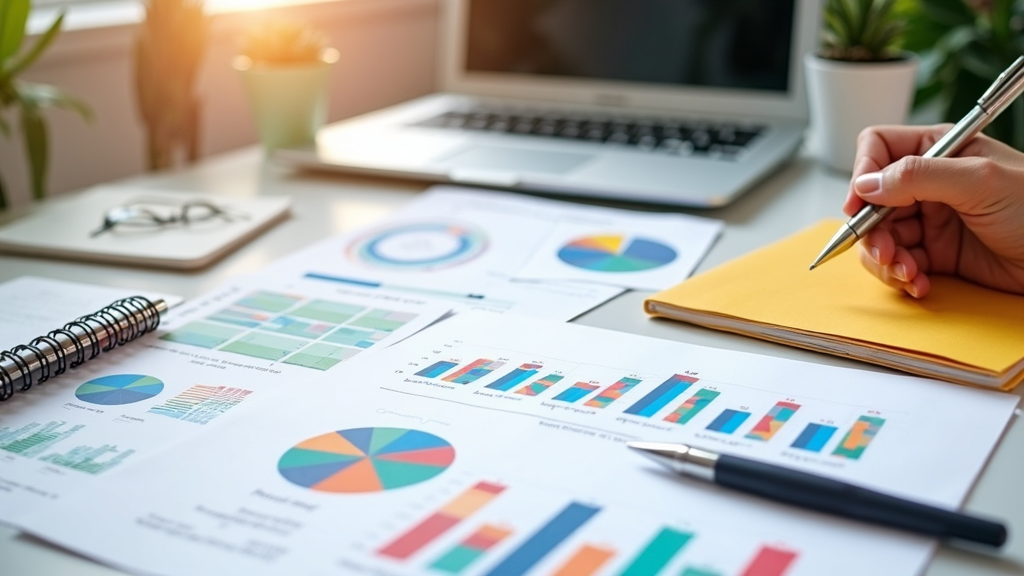 A creative workspace with digital marketing tools, charts, and startup branding materials placed on a table. Bright colors and modern vibe.