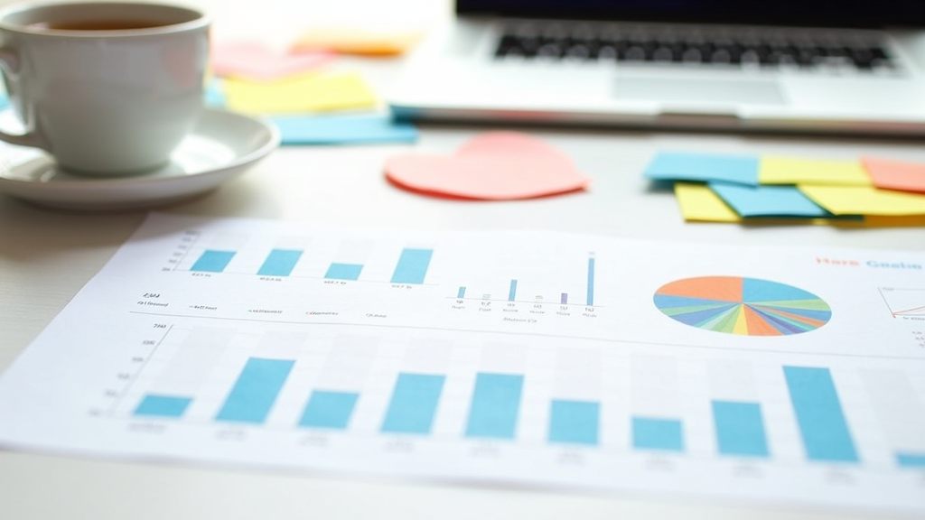 an office desk scattered with business planning charts and sticky notes, coffee, and a closed laptop