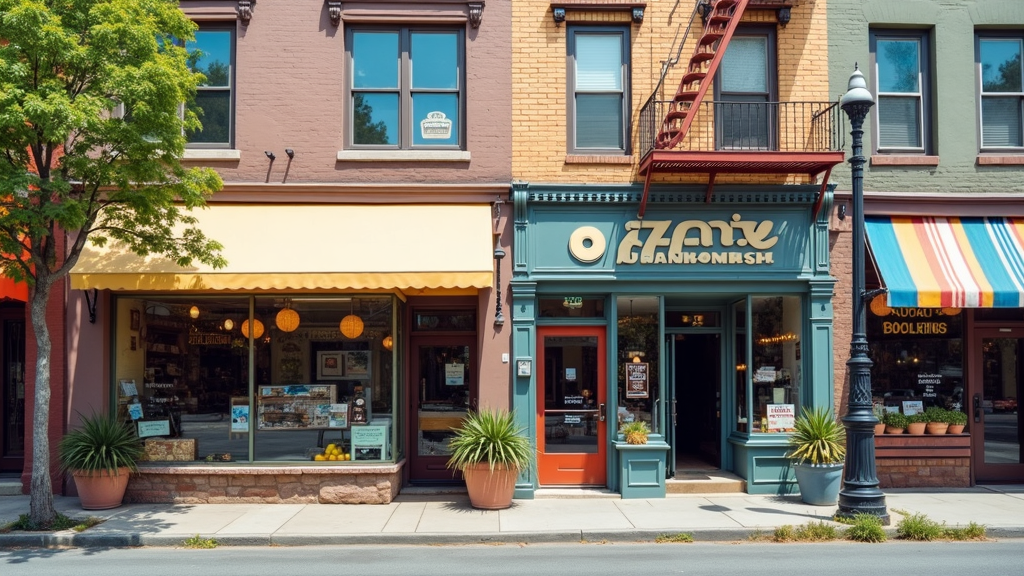 Downtown street filled with various small business storefronts, bright signage, and a mix of shops and cafes.