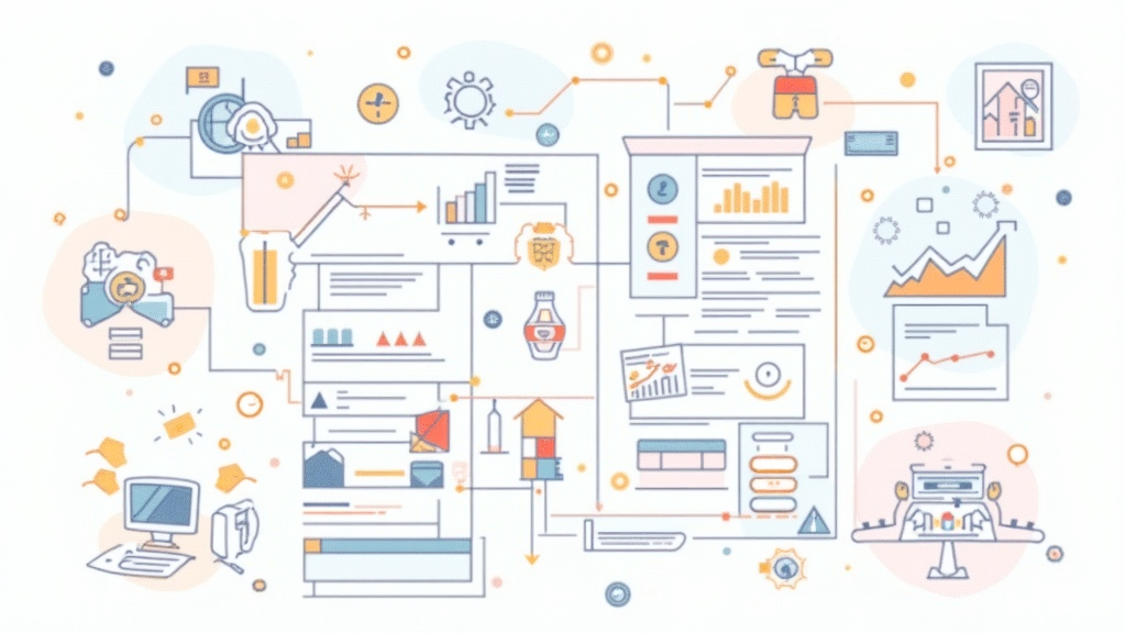 Illustration showing a tangled roadmap, charts, and checklists representing small business planning