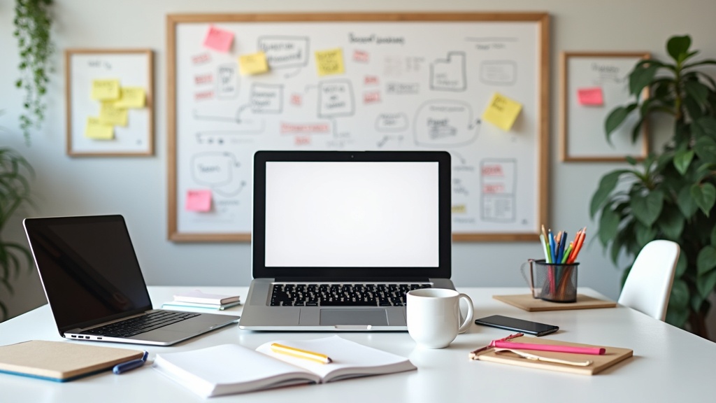A bustling startup office with laptops, graphs, and creative workspace