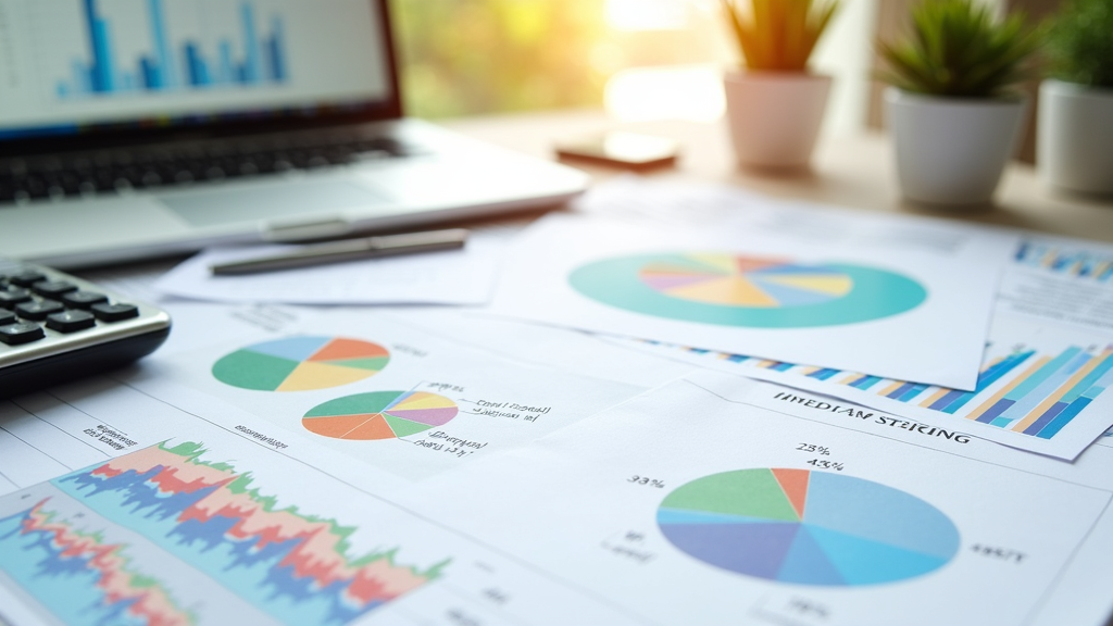 A desk with financial graphs, calculator, scattered dollar bills, and a small potted plant symbolizing business financial planning.