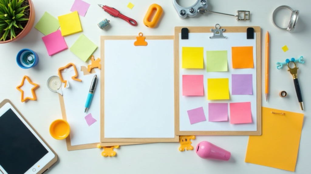 A simple, vibrant workspace with colorful sticky notes, a small whiteboard, and digital devices representing startup organization and problem solving.