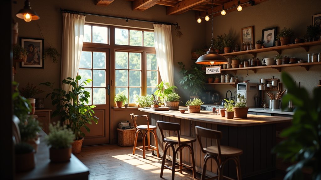 A small business open sign in a cozy shop window with sunlight