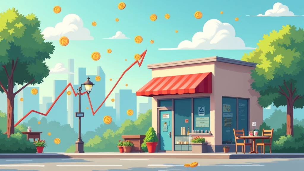 A small business storefront during an economic downturn, surrounded by symbols representing financial risk.