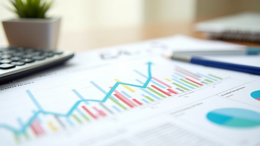 A spreadsheet and graph showing budget forecasting projections with colorful upward arrows and charts on a desk next to a plant and a calculator.