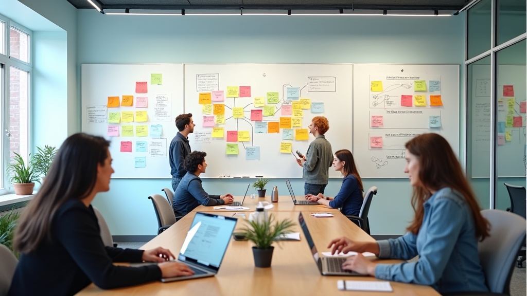 An organized startup workspace with whiteboards filled with post-its, laptops on tables, and flow diagrams on a glass wall.