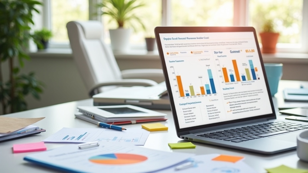 Bright and organized workspace with charts, sticky notes, and a laptop displaying small business market analysis data