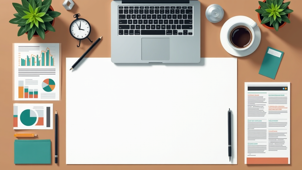Business owner reviewing risk management charts with plants and gadgets on wooden desk
