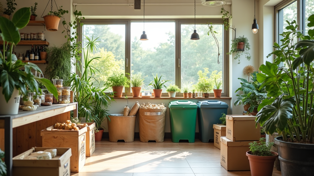 Eco-friendly small business practices illustrated in a colorful office setting with plants and sustainable supplies.