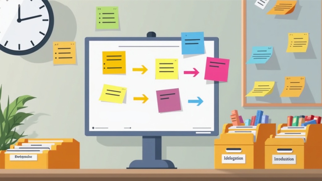 A desk with colorcoded sticky notes, a small whiteboard showing process steps, and folders labeled for delegation