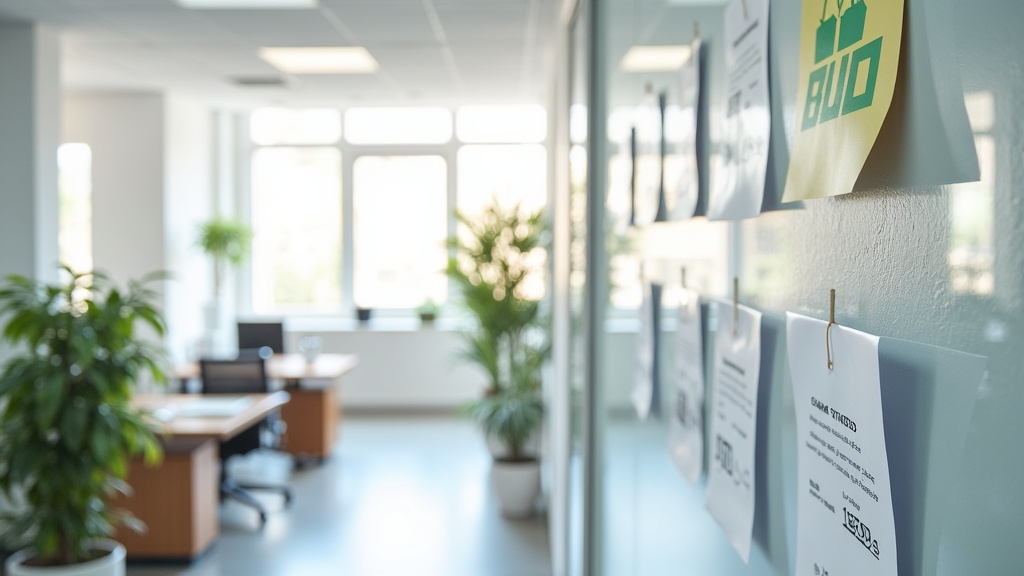 A modern small business office with charts and incentive tracking tools on a wall and a variety of colorful awards and bonus envelopes on a desk.