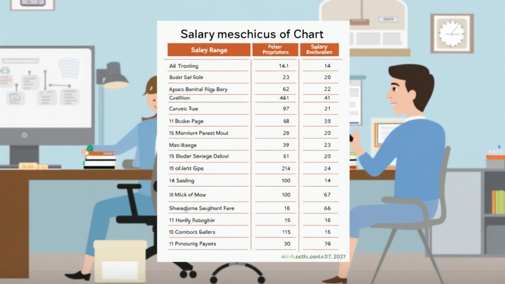 A simple chart showing salary benchmark ranges for several roles in a small business office, with a computer and papers nearby.