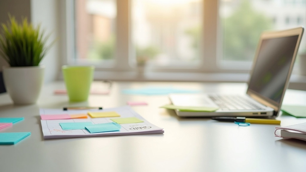 A simple desk workspace showing colorful sticky notes, a notepad with checklists, and a small desk plant in a sunlit office, symbolizing task management and delegation in a small business.