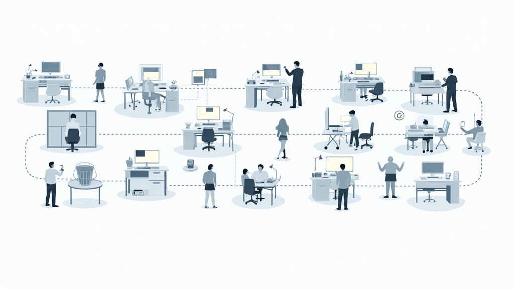 An illustration showing a tidy, efficient office layout, with clear team zones and clean workflow lines