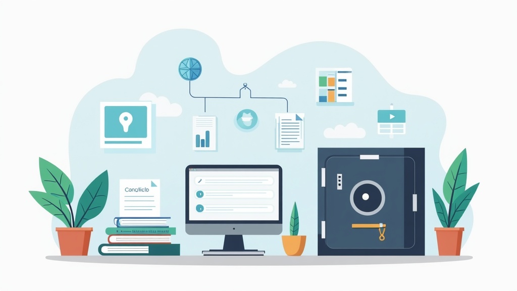 Risk management concept for small businesses, featuring office supplies, documents, and a secure vault.