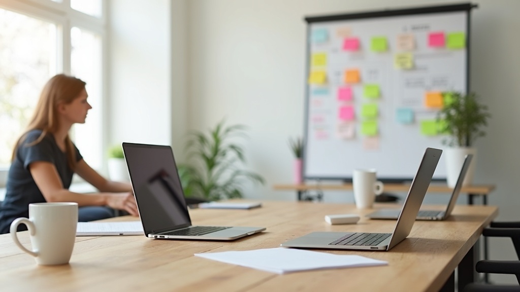 Workflow concept for small startup: Laptops, sticky notes, project board, coffee mug, teamwork vibe