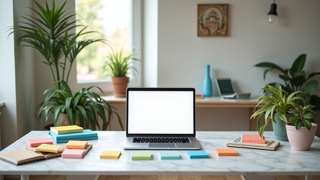 A workspace showing a neat home office setup with a laptop, plants, sticky notes, and coffee, symbolizing remote work flexibility and productivity.
