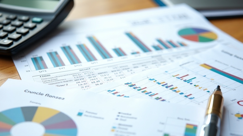 An overhead view of a desk showing financial spreadsheets, a calculator, and cash flow charts, capturing the process of managing business finances