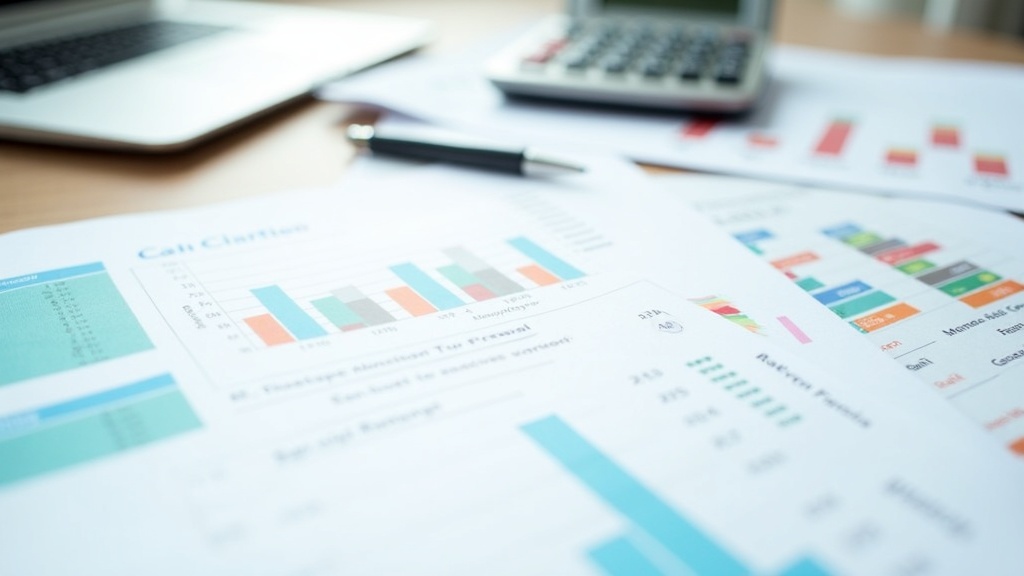 Close-up of business budget sheets, calculator, and charts on a modern desk