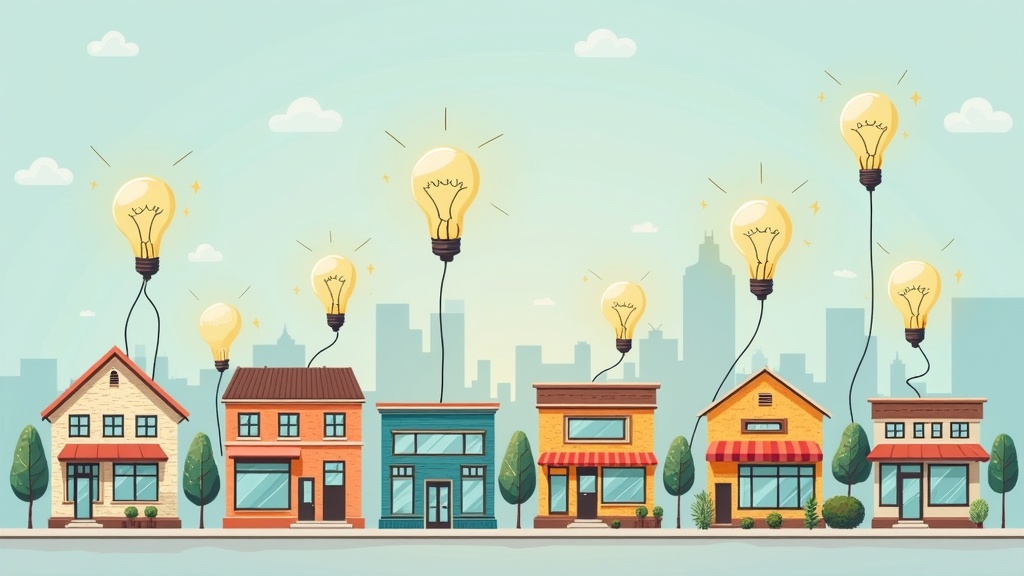 Lightbulb glowing among ordinary bulbs, symbolizing innovation for small businesses