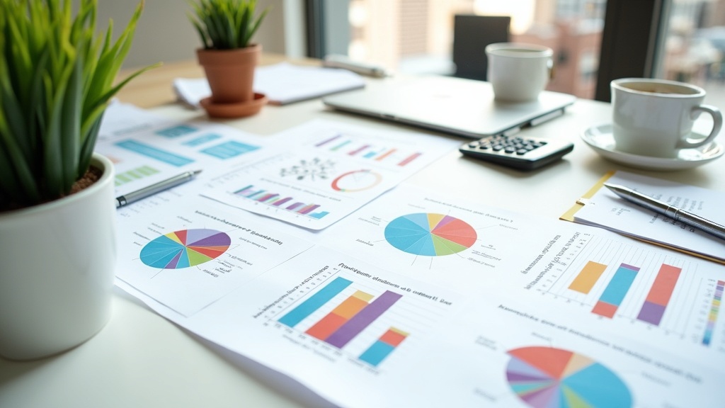 Several hands holding plant pots with cash flow charts in a business setting, surrounded by office supplies and financial documents