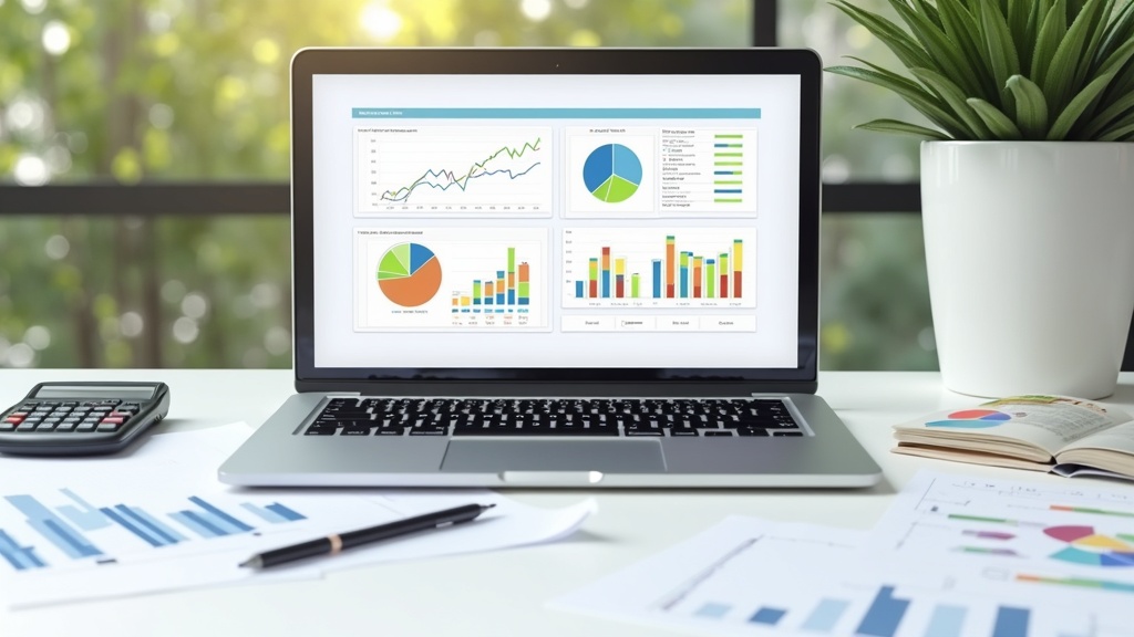 A business desk with a laptop displaying financial charts, surrounded by planning materials and coffee.