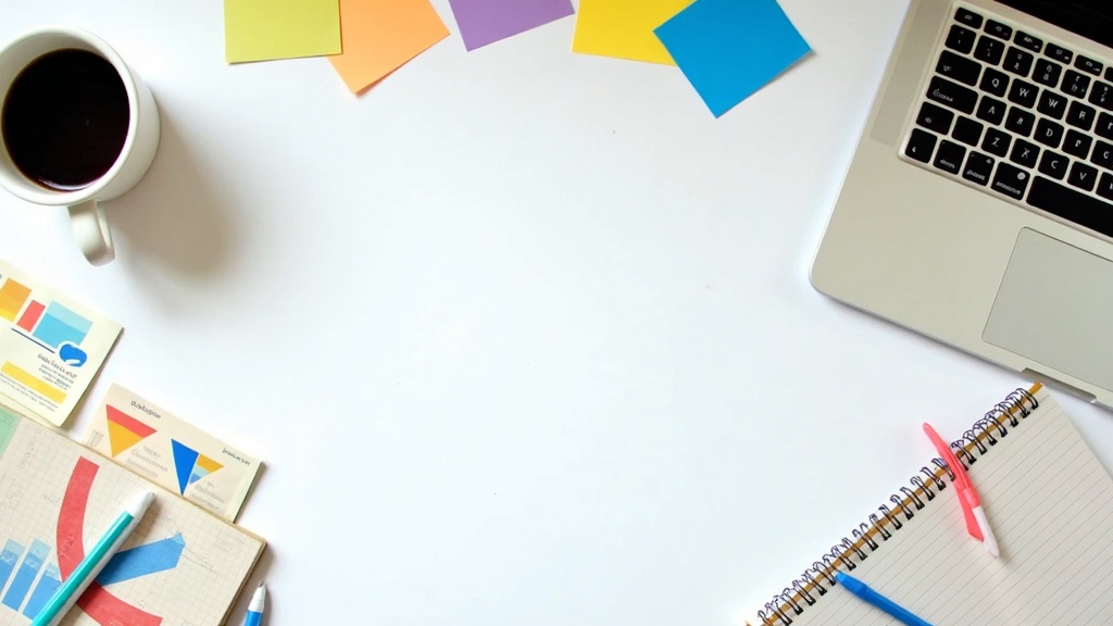 A notebook, coffee mug, charts, and a laptop on a table with sticky notes, representing market research for small businesses