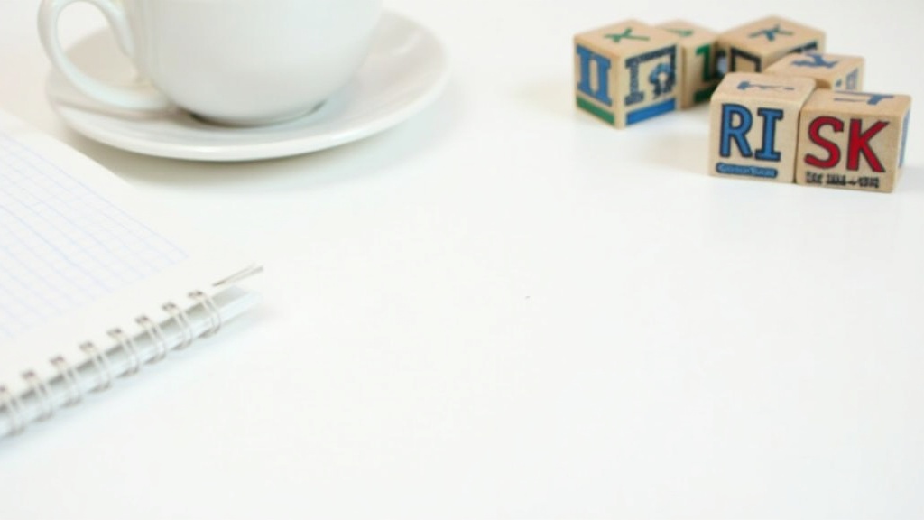 A workspace with a notepad, coffee mug, and toy blocks with risk-related icons, showing business planning and risk assessment tools on a white desk.