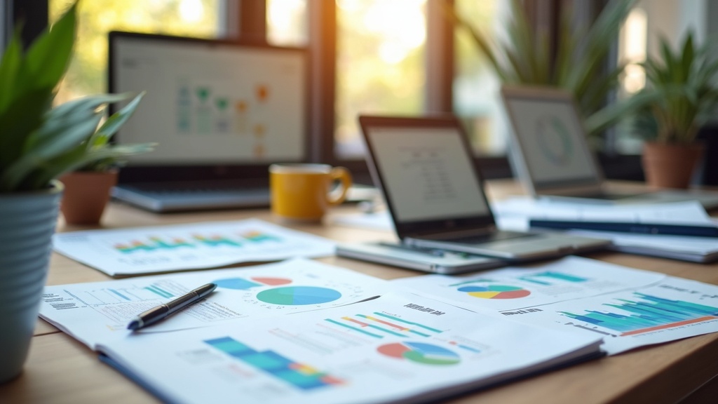 Business planning for startups: notebooks, coffee cup, laptop, and charts on a coworking desk