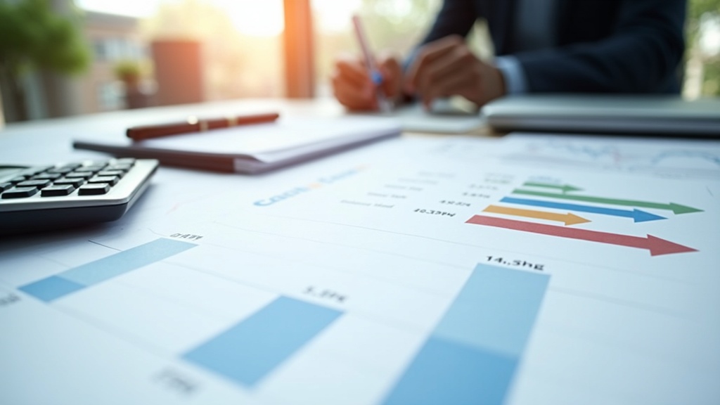Cash flow chart with arrows and numbers, concept still life with office supplies and calculator