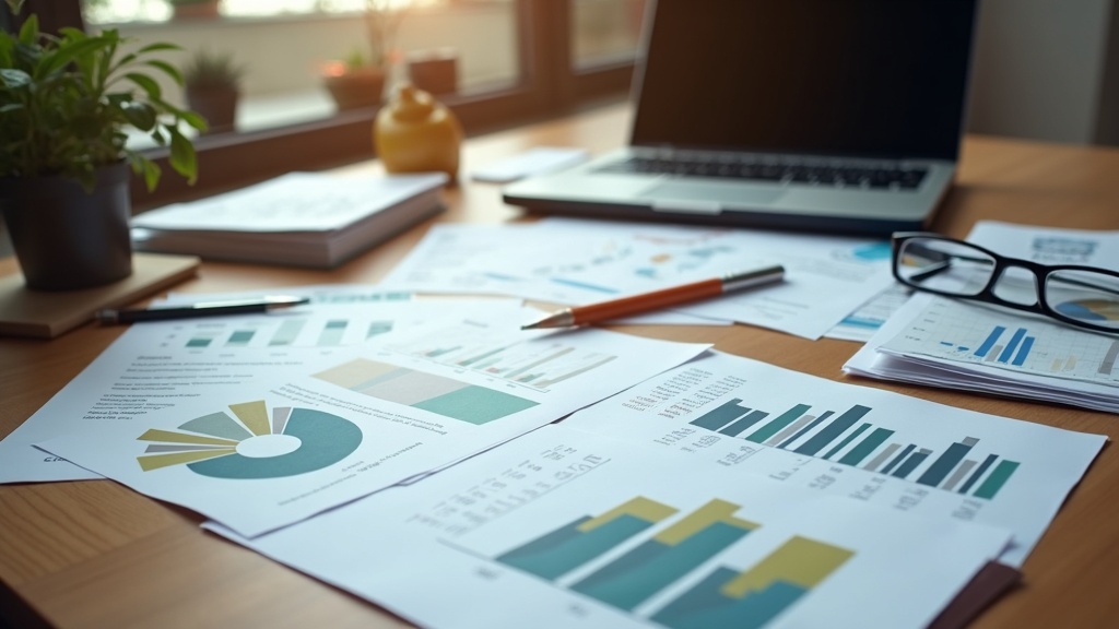 Small business owner reviewing financial documents in a cozy workspace with files, charts, and a laptop