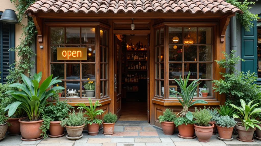 Small business storefront with open sign, surrounded by plants and cozy atmosphere