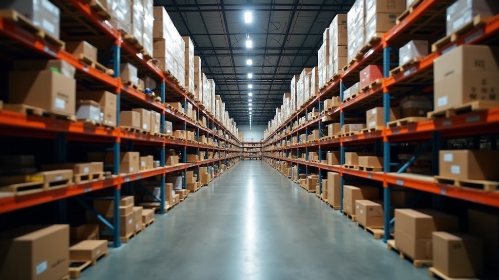 Warehouse shelves neatly stocked with various boxes, crates, and products. Industrial lighting and orderly layout showcase efficient stock management strategies.