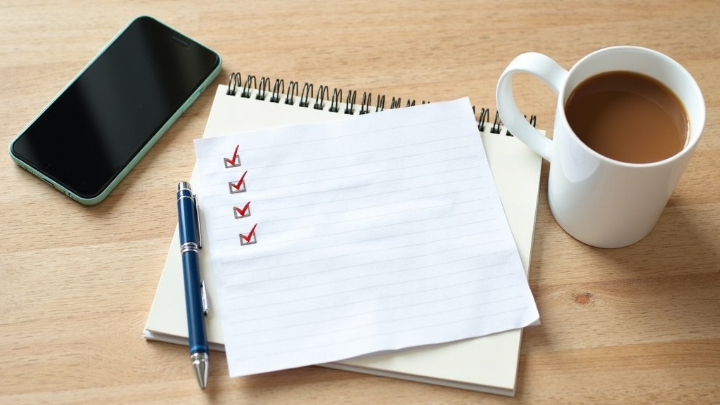 A desk setup with a notepad, a smartphone, and a cup of coffee, surrounded by simple charts and to-do lists.
