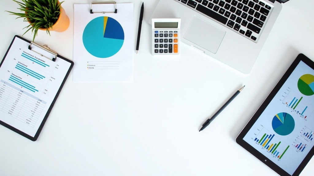 An organized workspace with financial documents, a calculator, graphs, and a laptop showing data charts